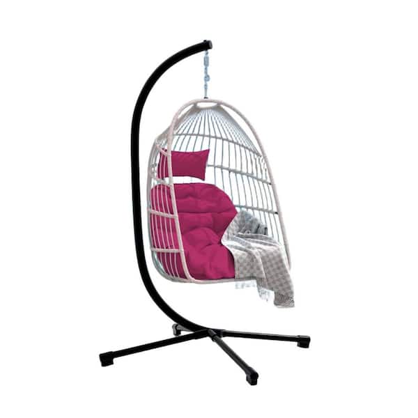 6.4 ft. Swivel Outdoor Egg-Shaped Hanging Chair with Heavy-Duty Steel Stand in Rose Red with Matching Pillow