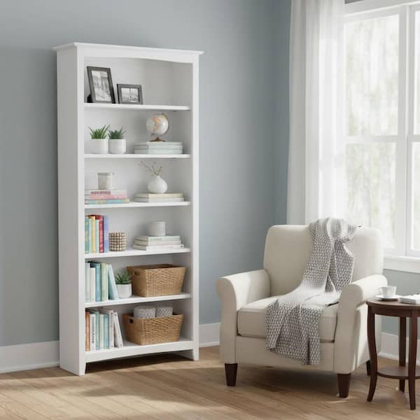 72 in. White Wood 6-shelf Standard Bookcase with Adjustable Shelves
