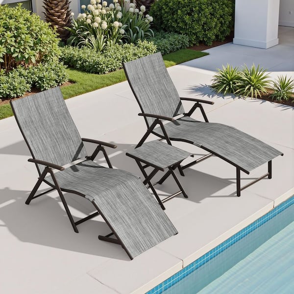 Crestlive Products 3-Piece Metal Outdoor Chaise Lounge Folding Lounge Chair Set with Side Table 8-Position Adjustable Backrest in Dark Gray
