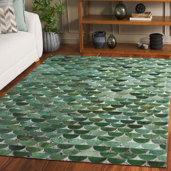 Studio Leather 8 ft. x 10 ft. Green/Gray Semicircle Striped Area Rug