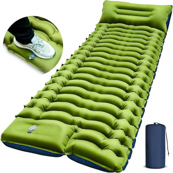 Unbranded Single Camping Sleeping Pad Nylon with Built-in Pillow ft. Pump Inflatable Sleeping Pad in Green