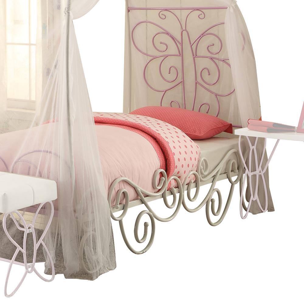 Priya II White and Light Purple Twin Canopy Bed with Butterfly Headboard