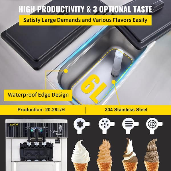 VEVOR 2200W Commercial Soft Ice Cream Machine 3 Flavors 5.3 to 7.4 Gal./H  Auto Clean LED Panel Commercial Ice Cream Maker BJLJYKF-8228HPDT1V1 - The  Home Depot