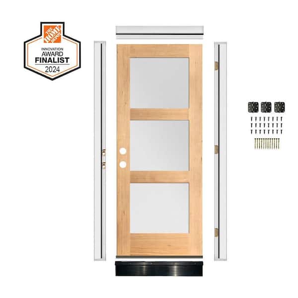 DIY RTA KIT 36in.x80in. Modern Right-Handed 3-Lite Frosted Glass Clear Stain Hemlock Wood Ready To Assemble Front Door