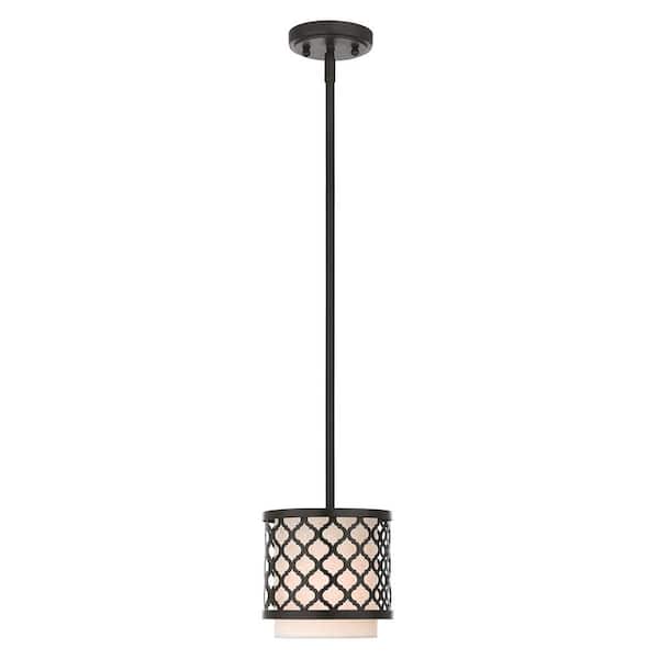AVIANCE LIGHTING Amalfi 1-Light English Bronze Mini Pendant with Oatmeal Fabric Shade