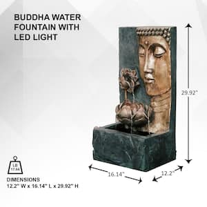 30 in. Tal, Bronze and Natural Grey Cascading Lotus Buddha Face Indoor Outdoor Zen Water Fountain with LED Light