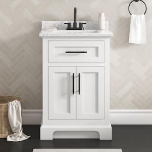 Doveton 24 in. Single Sink Freestanding White Bath Vanity with White Engineered Marble Top (Assembled)
