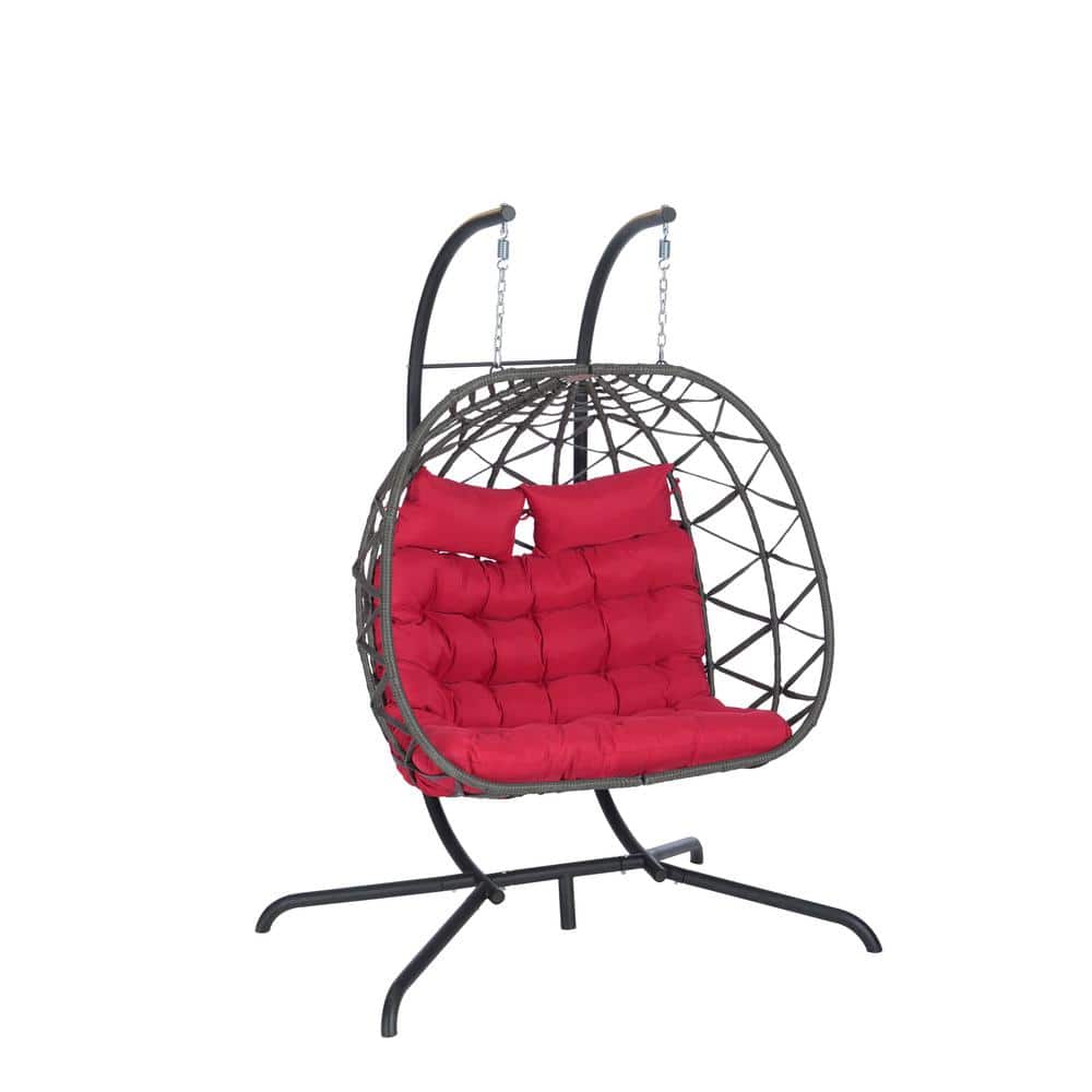 2-Person Wicker Patio Swing, Outdoor Metal Frame Hanging Chair, Patio Egg C