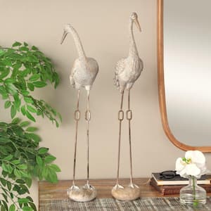 Cream Polystone Tall Carved Crane Bird Sculpture with Long Legs Set of 2