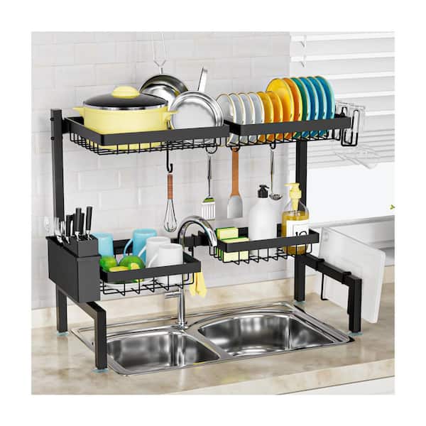 Black Stainless Steel Over The Sink Dish Drying Rack Extensible Adjustable 2 Tier 4 Basket Large Capacity