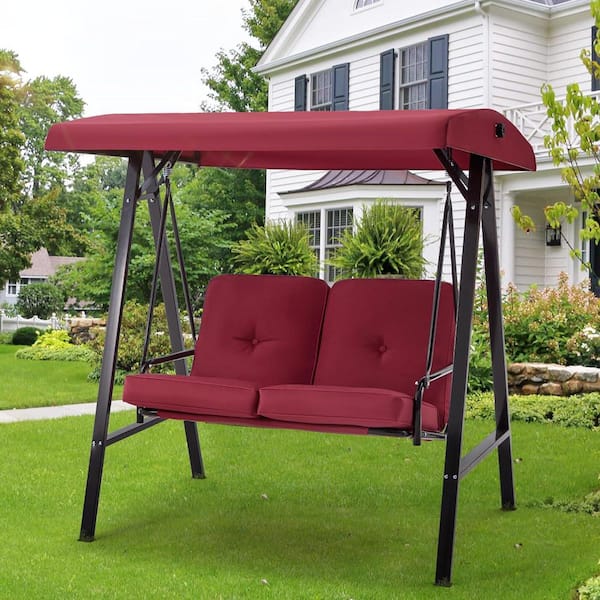 2-Person Metal Patio Swing with Red Cushions