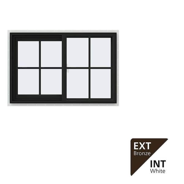 36 in. x 24 in. V-2500 Series Bronze Exterior/White Interior FiniShield Vinyl Left-Handed Sliding Window w/Colonial Grid