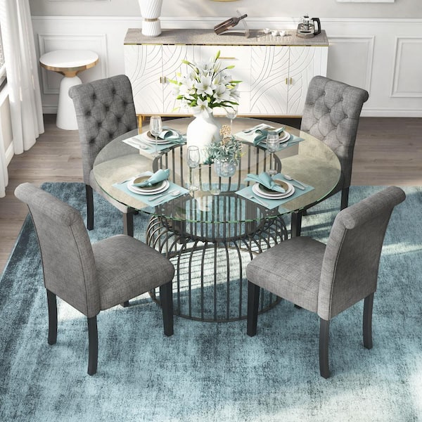 Round Glass Top Gray Dining Set, Round Glass Table Dining Room Sets