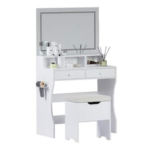 Vanity Set with 4-Drawers, 2-Piece White Makeup Vanity Set with LED Lighted Mirror, Cushioned Stool and Power Outlets