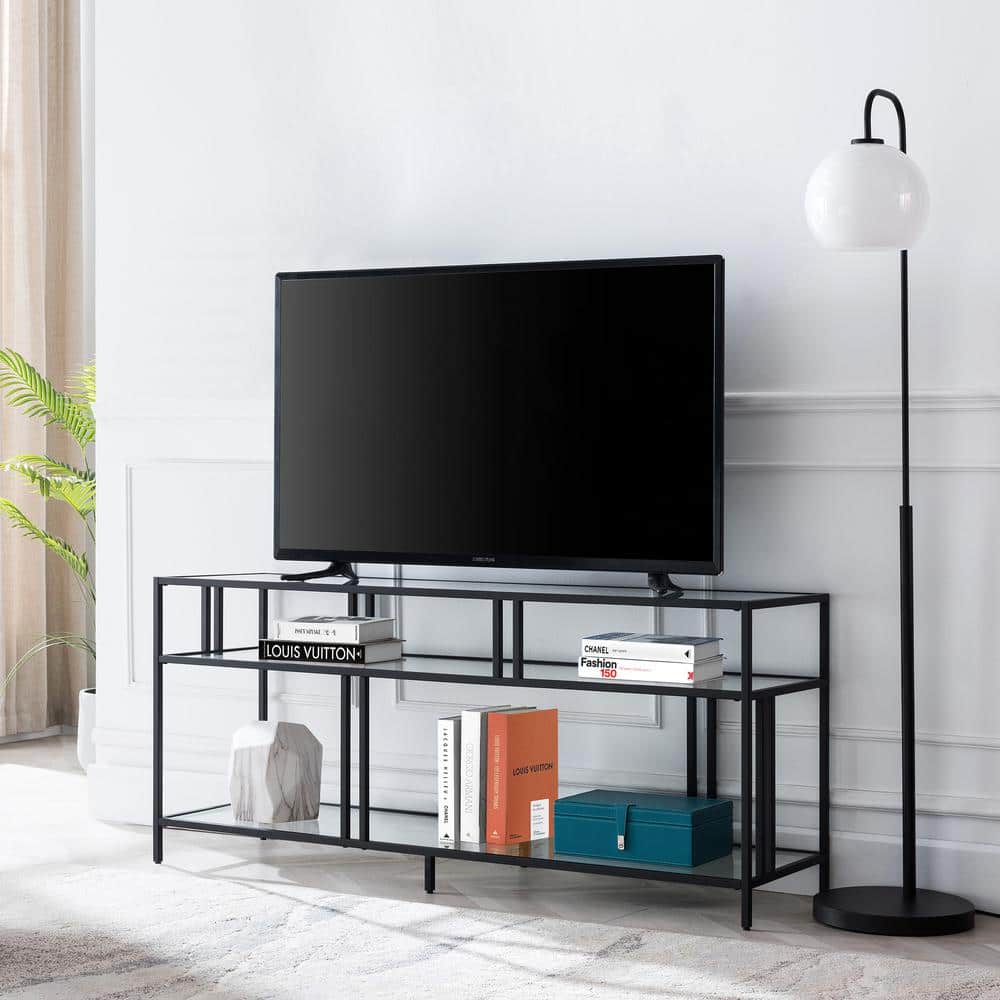 Cortland Industrial Blackened Bronze 55" TV Stand with Glass Shelves