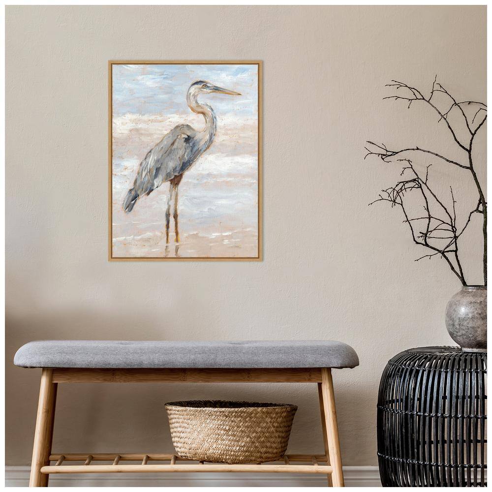 Beach Heron I Blue and Gray Canvas Print with Maple Frame