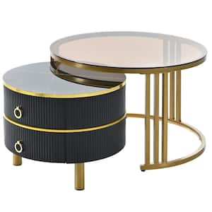 27.5 in. Black and Glod Round Nesting Tempered Glass MDF Tabletop Coffee Tables with 2-Drawers