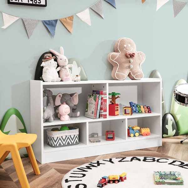 24 in. White Kids 2-Shelf Bookcase 5-Cube Wood Toy Storage Cabinet Organizer
