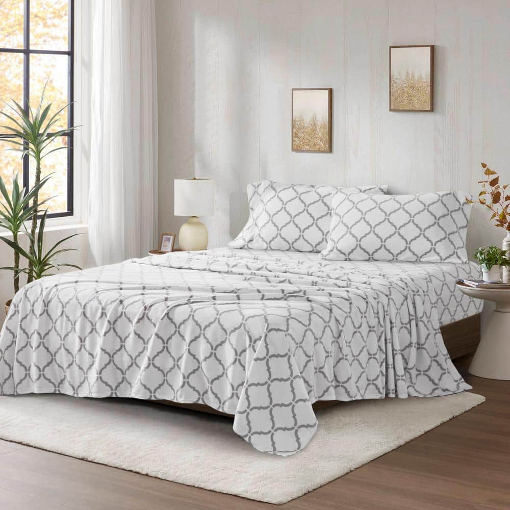 Twin Grey Geo Microfiber Flannel Sheet Set