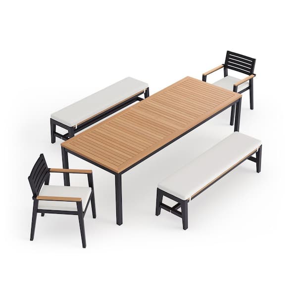 NewAge Products Rhodes 5 Piece Aluminum Outdoor Patio Dining Set in Canvas Natural Cushions with 96 in. Table & Bench