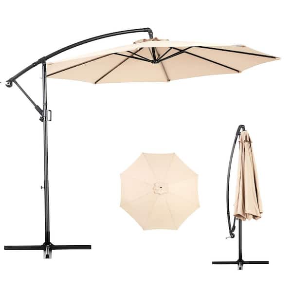 HOMEFUN 10 ft. Steel Outdoor Market Umbrella Tilt Adjustable Offset Patio Umbrella in Khaki with 8-Ribs