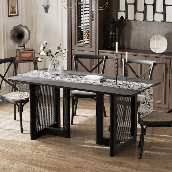 PexFix Rectangle Black Color Oak Wood 67 in. Double Pedestal Dining Table Seats 6