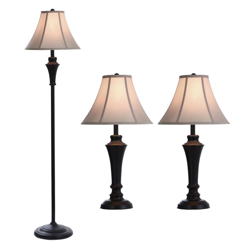Bronze Wood Finish Taupe Fabric Shade Lamp Trio Set