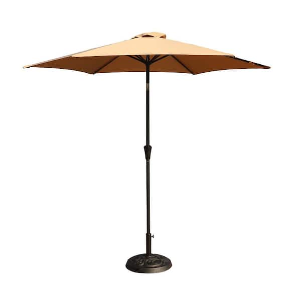 Tatayosi 8.8 ft. Aluminum Market Crank lift and Push Button Tilt Patio Umbrella with Resin Base, Taupe