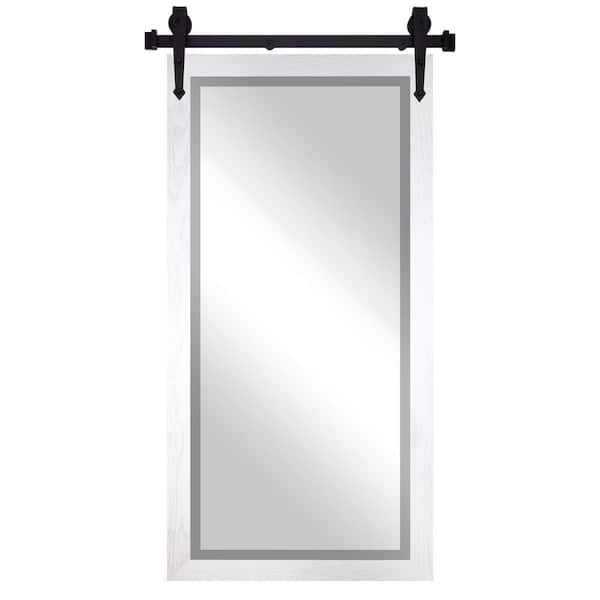 (32 in. W x 66 in. H) White Vertical Oak Hardwood Beveled Mirror with Steel Barndoor Rail