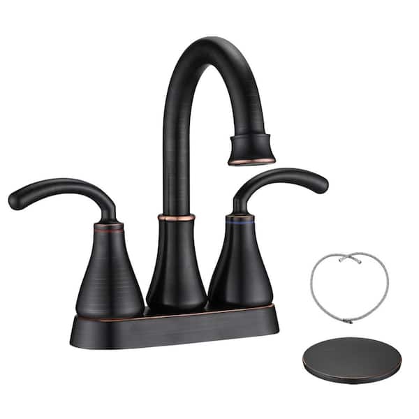 FLG 4 in. Centerset Double Handle High Arc Bathroom Faucet with Drain Kit Included Modern Brass Taps in Oil Rubbed Bronze
