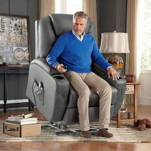 LACOO Gray Leather Power Lift Standard (No Motion) Recliner with