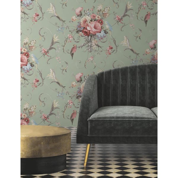 Parrots with Floral Bouquets Eucalyptus Peel and Stick Wallpaper
