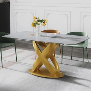 62.99 in. Modern Rectangular Gray Sintered Stone Dining Table with Golden Carbon Steel Legs (Seat 6)