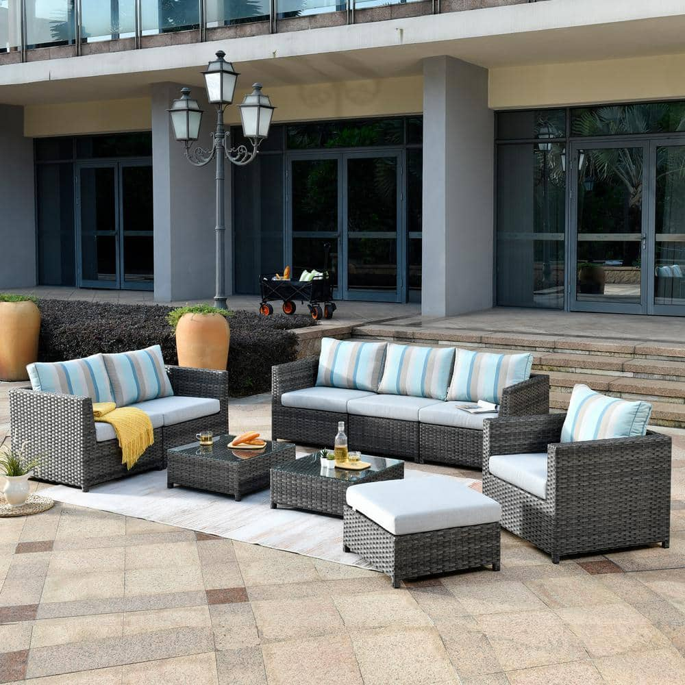 HOOOWOOO Lake Caddo Gray 9-Piece No Assembly Wicker Patio Conversation ...