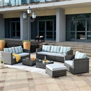 Lake Caddo Gray 9-Piece No Assembly Wicker Patio Conversation Sofa Set with Two Coffee Tables and Sunbrella Cushions