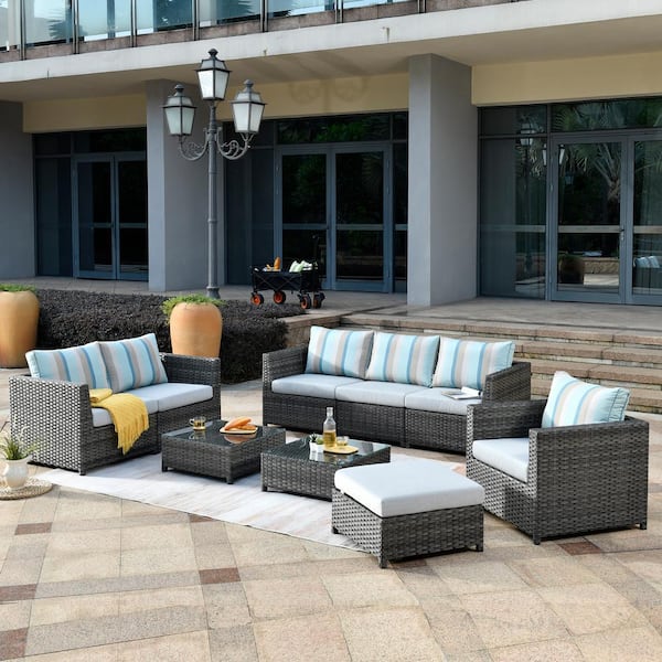 HOOOWOOO Lake Caddo Gray 9-Piece No Assembly Wicker Patio Conversation Sofa Set with Two Coffee Tables and Sunbrella Cushions