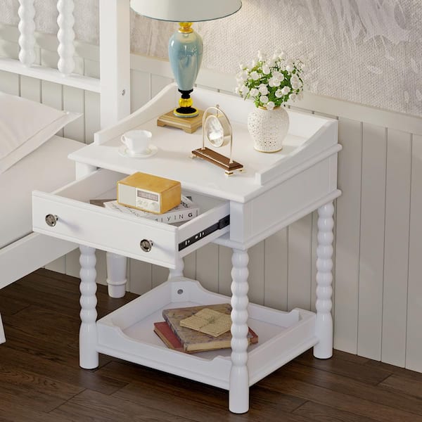 Harper & Bright Designs Retro Style White 1-Drawer Nightstand with Open Shelf, Turned Legs, Metal Handle