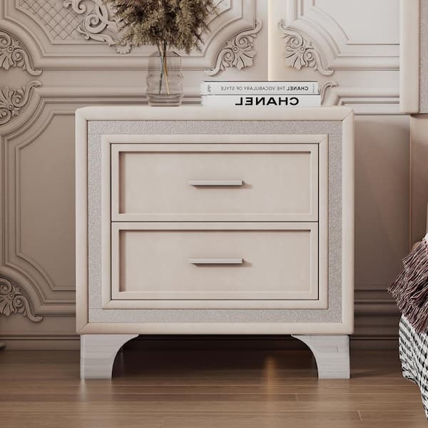 Harper & Bright Designs Mid-Century Beige 2-Drawer Velvet Nightstand with Metal Legs (21.8 in. W x 15.9 in. D x 21.7 in. H)