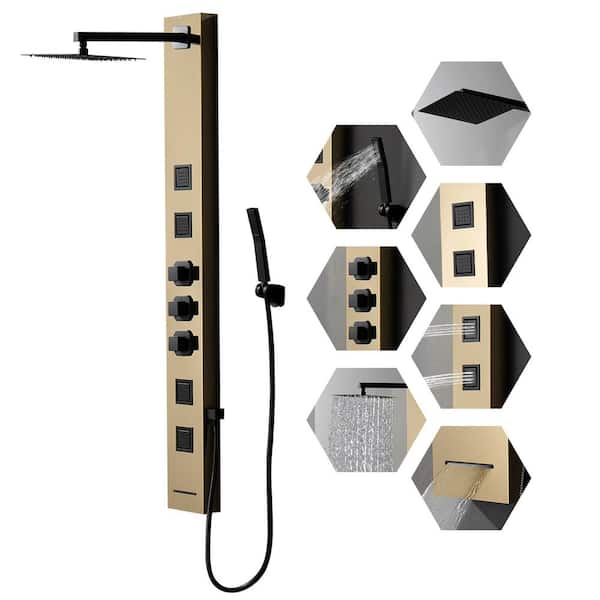 HOMEMYSTIQUE 4-in-1, 4-Jet Shower Panel Tower System with Rainfall Waterfall Shower Head, and Massage Body Jets in Black Gold