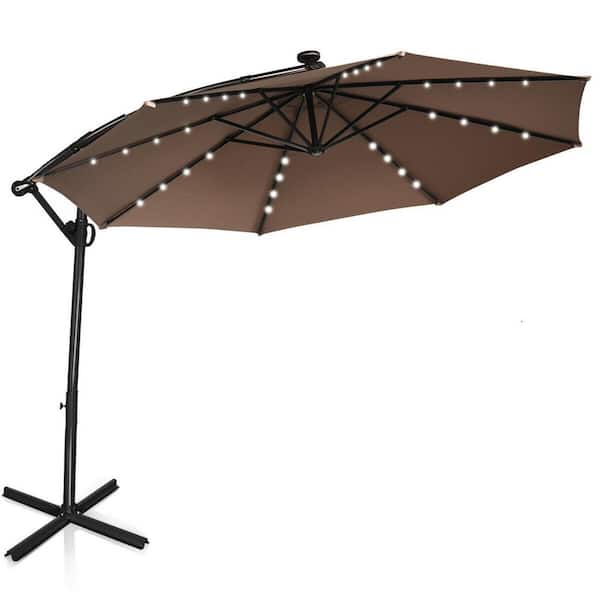 WELLFOR 10 ft. Aluminum Cantilever Solar Tilt Patio Umbrella in Tan with LED Lights and Stand