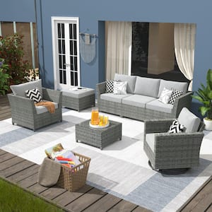 Fontainebleau Gray 7-Piece Wicker Patio Conversation Sectional Sofa Set with Dark Gray Cushion and Swivel Rocking Chair