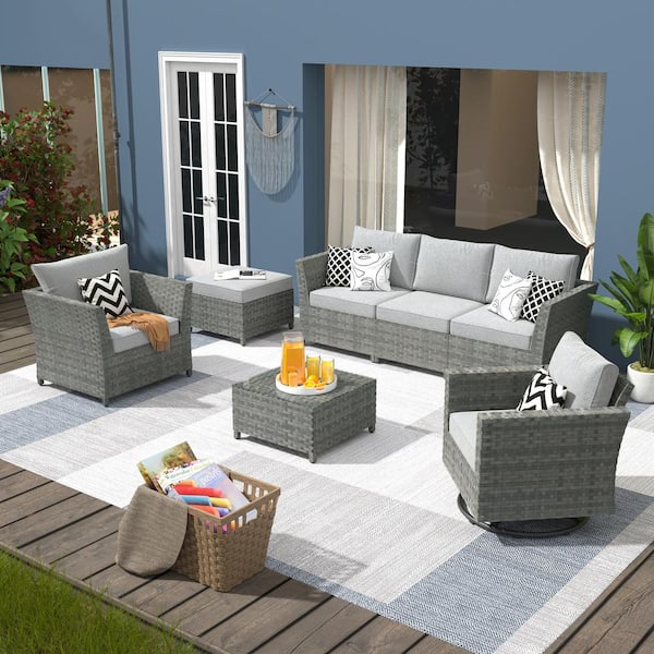 XIZZI Fontainebleau Gray 7-Piece Wicker Patio Conversation Sectional Sofa Set with Dark Gray Cushion and Swivel Rocking Chair