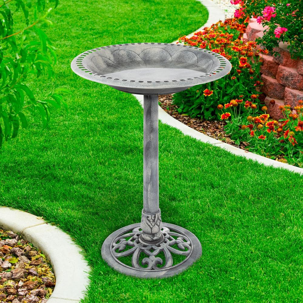 Gray Antique-Style Weather-Resistant Plastic Bird Bath with Stand