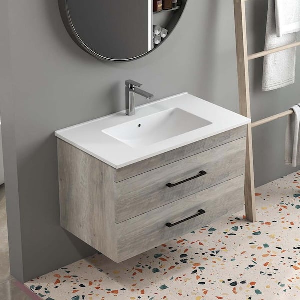 32 in. Wall Mounted Single Sink Gray Bath Vanity with White Ceramic Top (Self Assembly Needed)