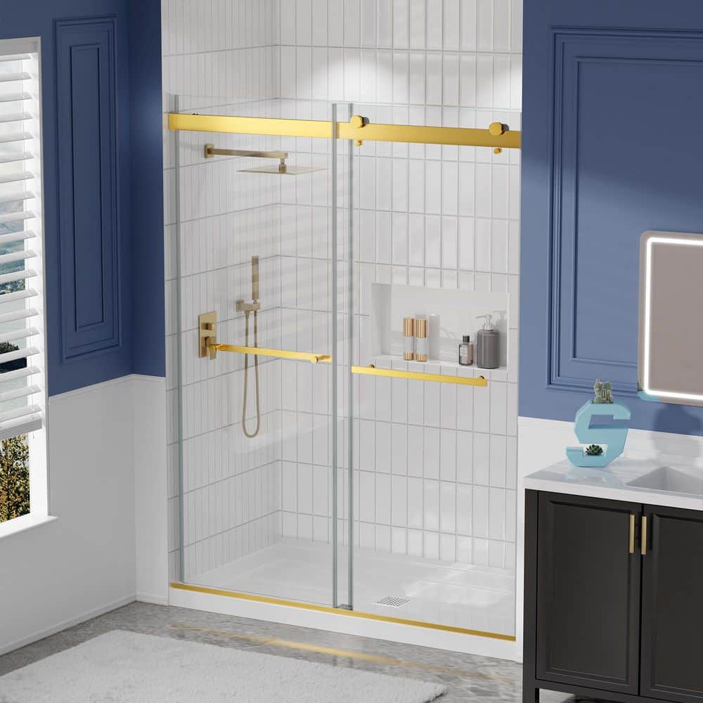 56-60 in. W x 75 in. H Double Sliding Frameless Shower Door with Soft Close