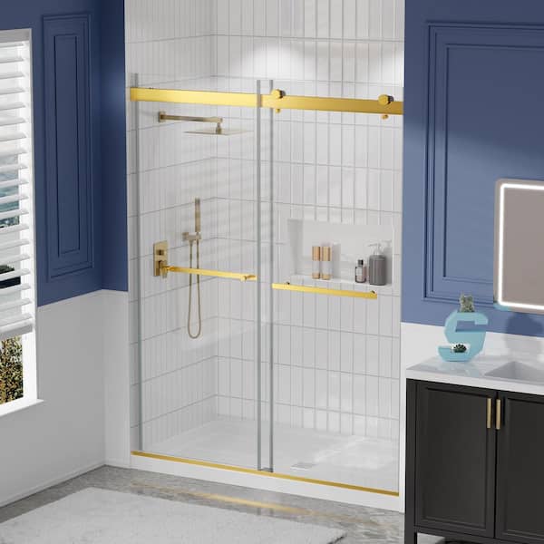 56-60 in. W x 75 in. H Double Sliding Frameless Shower Door with Soft Close Doors and Blast-Proof Glass Brushed Gold