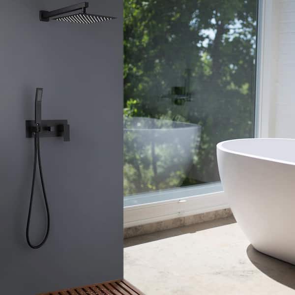 2-Spray Square 12 in. Rain Shower Head with Single-Handle Hand Shower in Matte Black