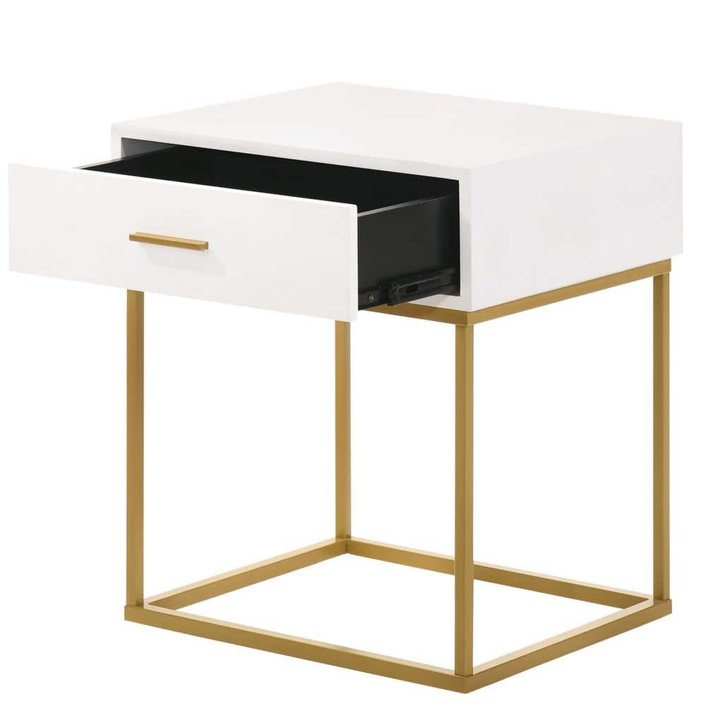 Catalina Mid-Century Modern White Rubberwood 1-Drawer Nightstand with Gold Legs