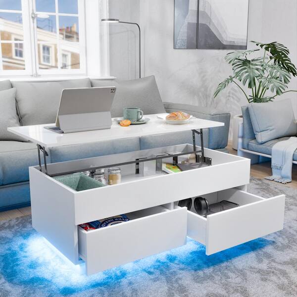 Hommpa 40.16 in. White Rectangle Particle Board Lift Top Coffee Table with RGB LED Light Hidden Compartment and 2 Drawers POA0271897 1
