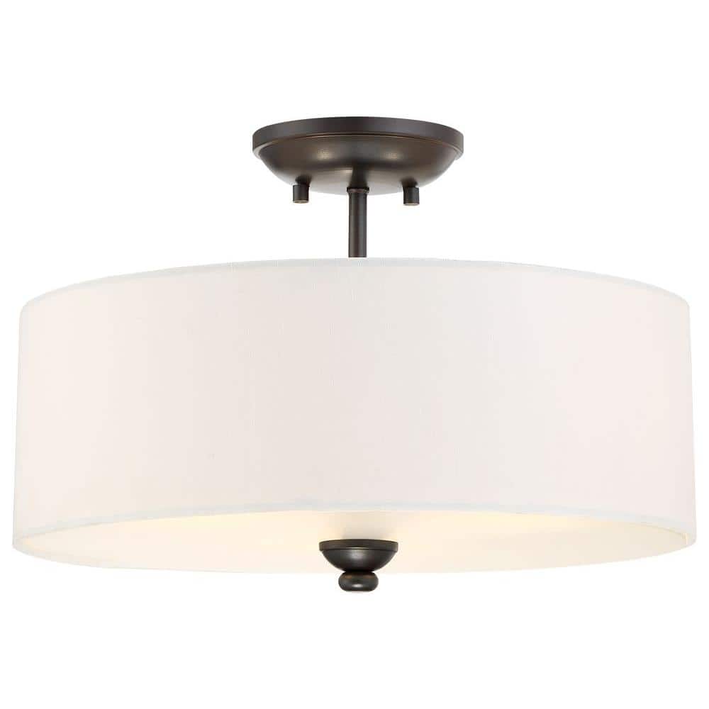Lathan Bronze 16" Semi-Flush Drum Ceiling Light with White Linen Shade